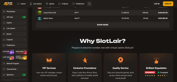 Slot Lair casino page explaining VIP services, promotions and game quality Slot Lair casino page explaining VIP services, promotions and game quality